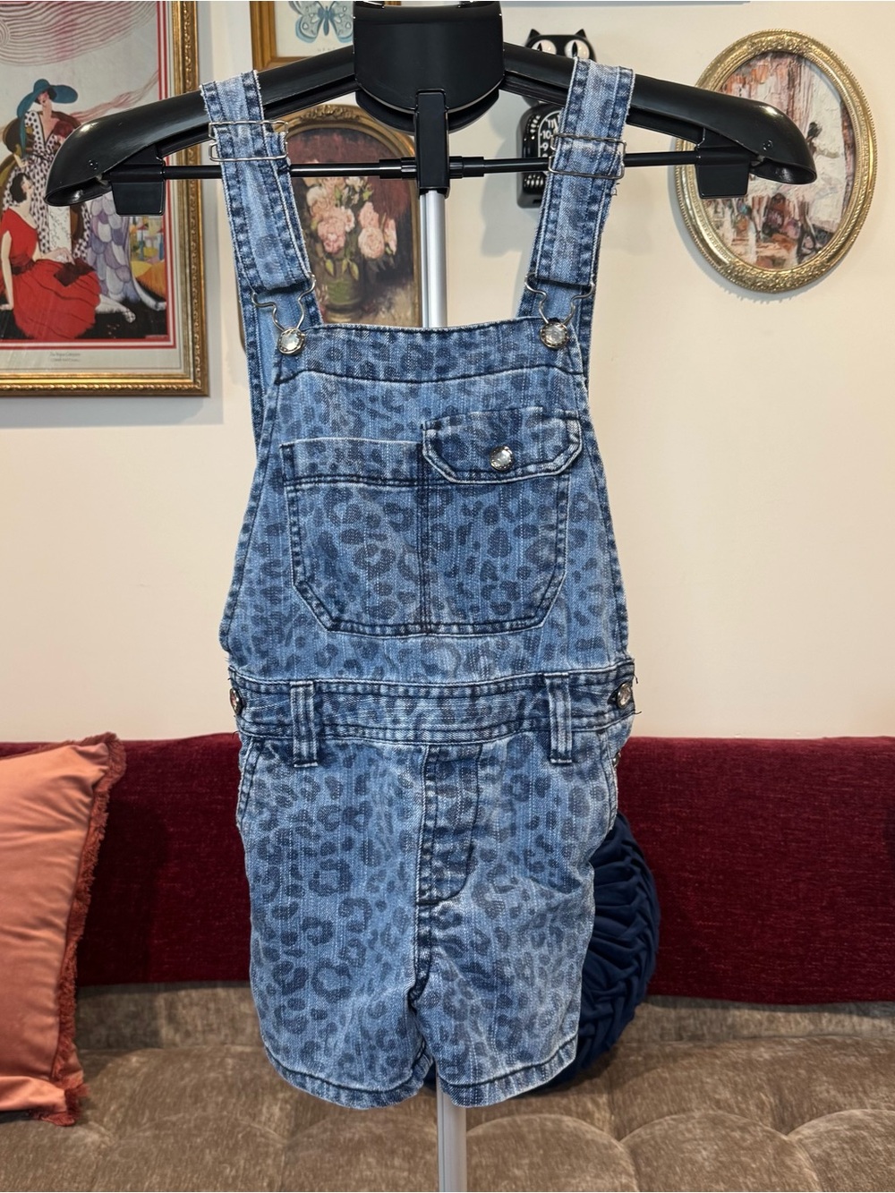 Piper Blue Leopard-Print Denim Short Overalls